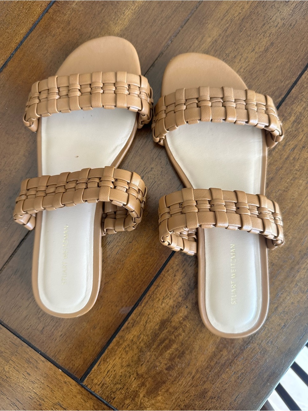 Stuart Weitzman Woven Double-Strap Slide Sandals - Camel Tan